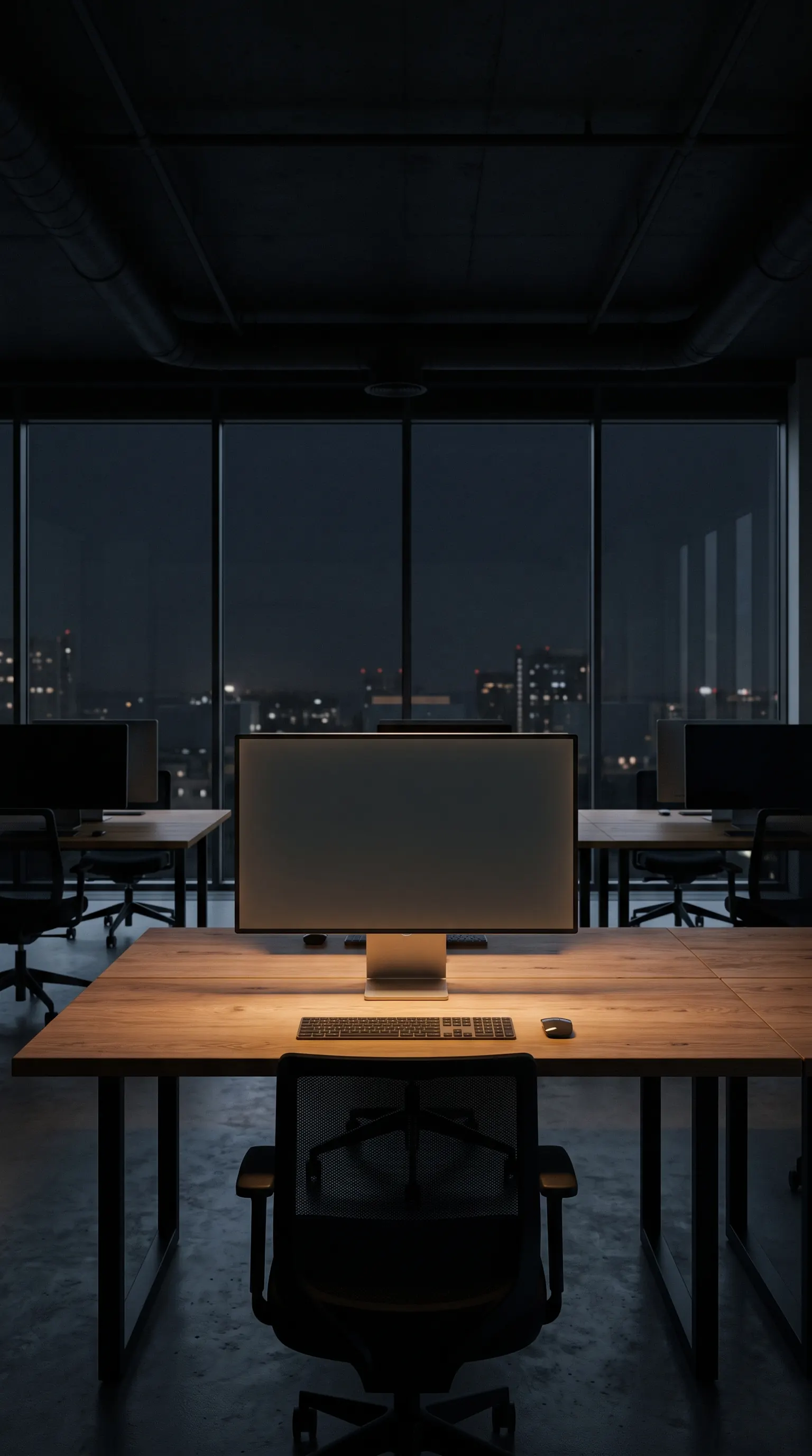 An empty office. One screen is on.